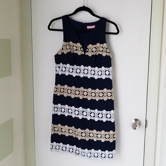 White/gold striped navy blue Lilly Pulitzer dress - Picture 1 of 6